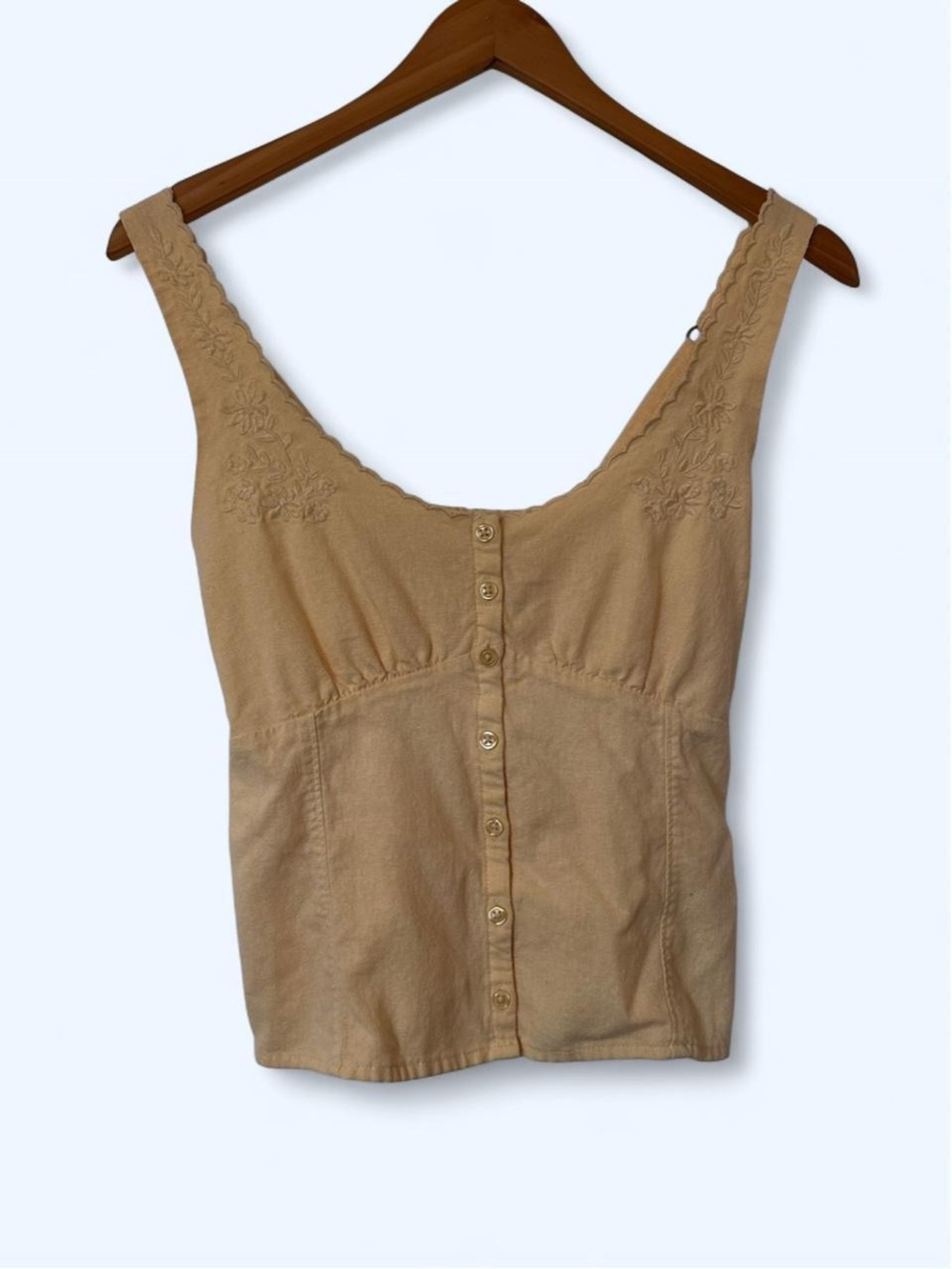 Hollister Light Yellow Embroidered Button-Front Linen Tank Top
